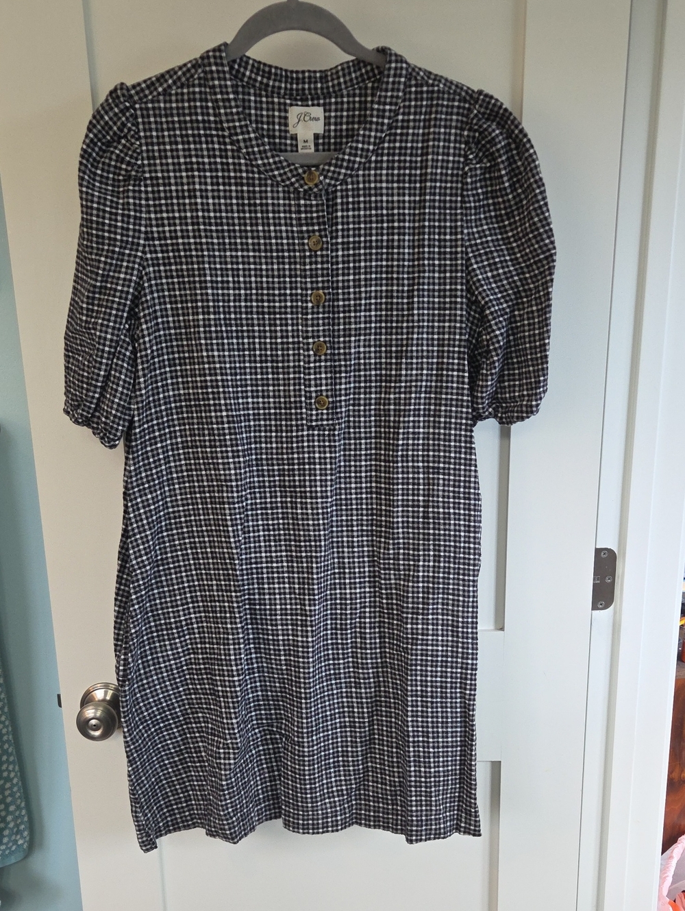 J. Crew Flannel Black & White Gingham Puff-Sleeve Midi Dress